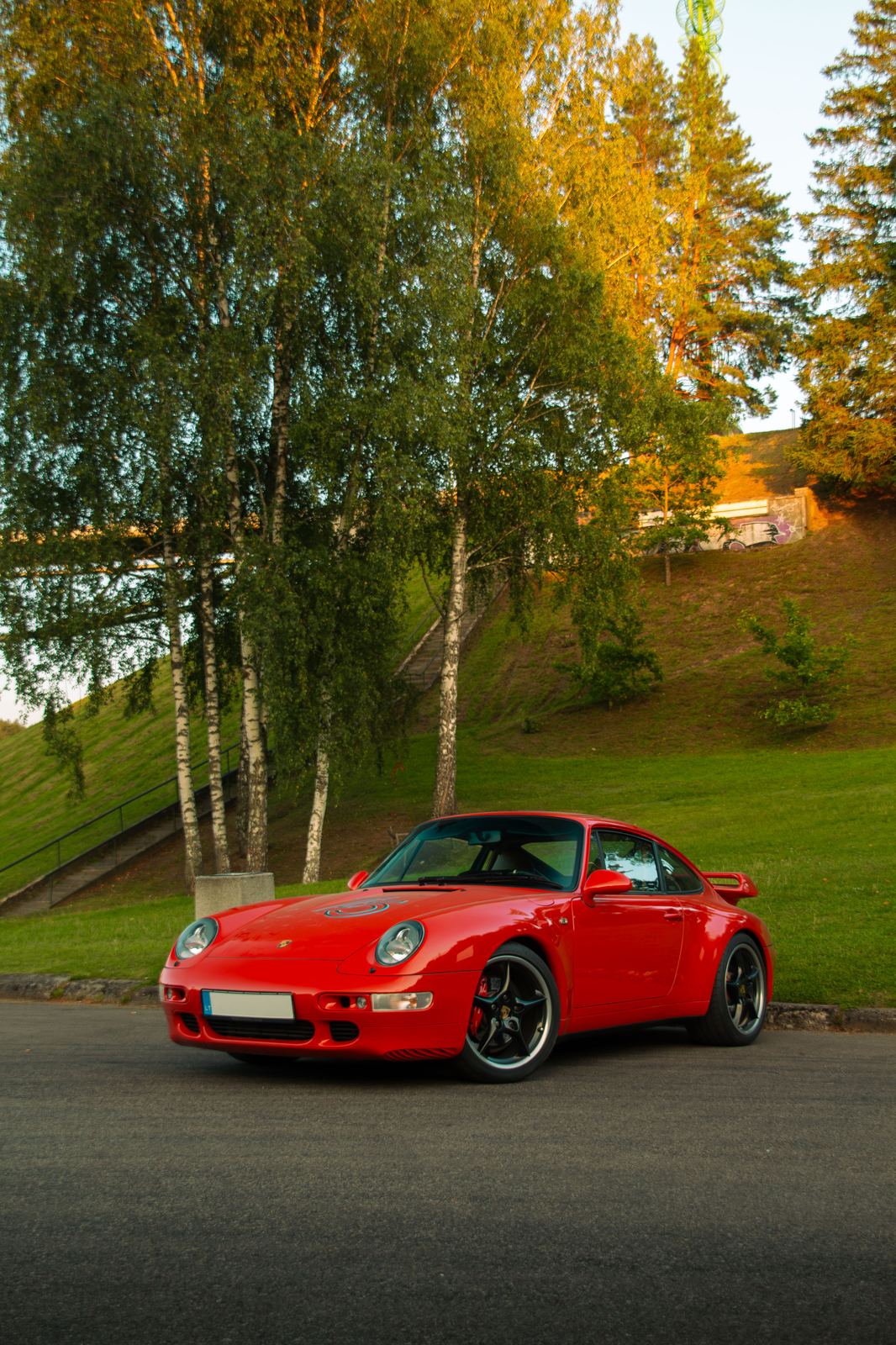 Red Porsche 993 among trees by a lake
